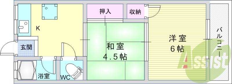 2K（38平米）室内洗濯機置き場・お風呂トイレセパレート