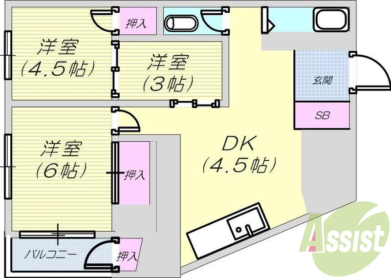 3DK(42平米)独立洗面台・フローリング・押入れ