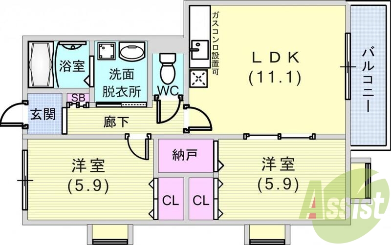 ２ＬＤＫ（５５．２平米）オートロック・室内洗濯機置き場