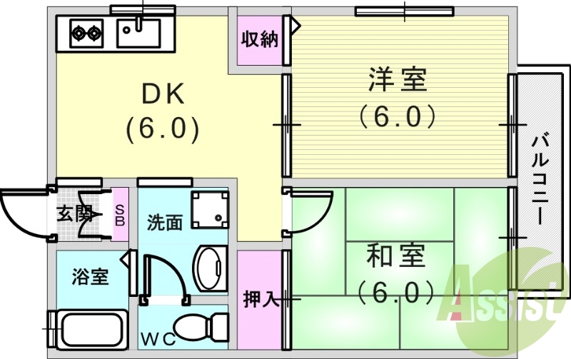2DK（40.07平米）追い炊き・下駄箱・独立洗面台・収納