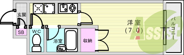 １K(21.87平米)室内洗濯機置き場・エアコン・下駄箱