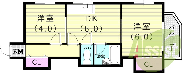 2DK（34平米）エアコン・TVインターホン・下駄箱・収納