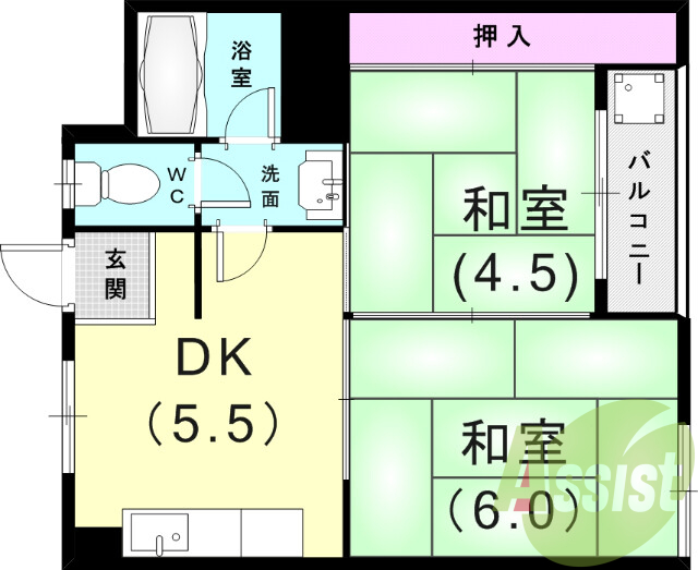 2ＤＫ（４0平米）独立洗面台・風呂トイレ別・押入・バルコニー