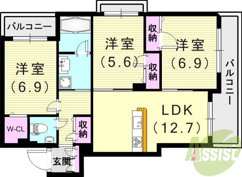 3LDK（77平米）追い焚き機能・浴室乾燥機・ＡＬ