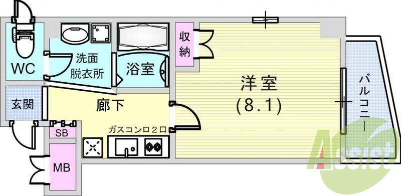 1K（27.0平米）風呂トイレ別・独立洗面台・室内洗濯機置場