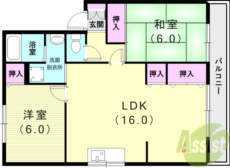 2LDK(62.1平米)風呂トイレ別・室内洗濯機置場・収納