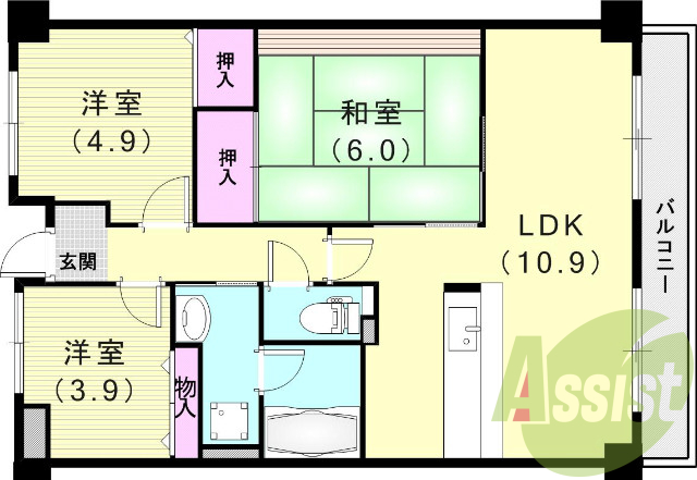 3LDK(66.92平米)カウンターキッチン・室内洗濯機置場