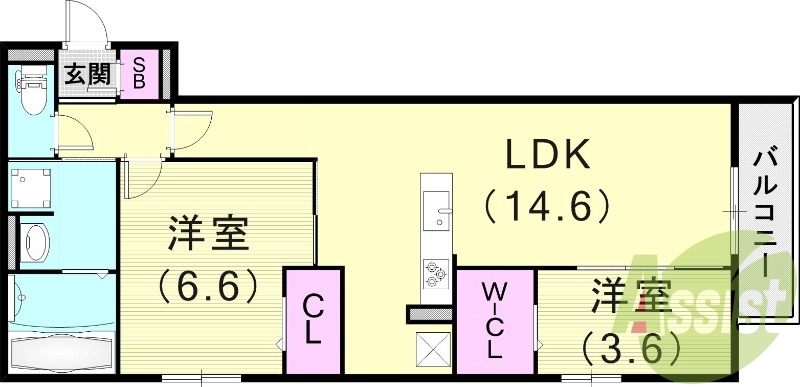2LDK（56.88平米）カウンターキッチン・追い焚き