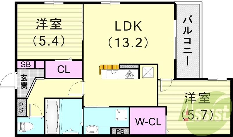 2LDK（57.31平米）カウンターキッチン・エアコン
