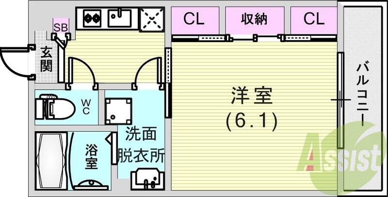 1K（21.53平米）エアコン・バストイレ別・浴室乾燥機