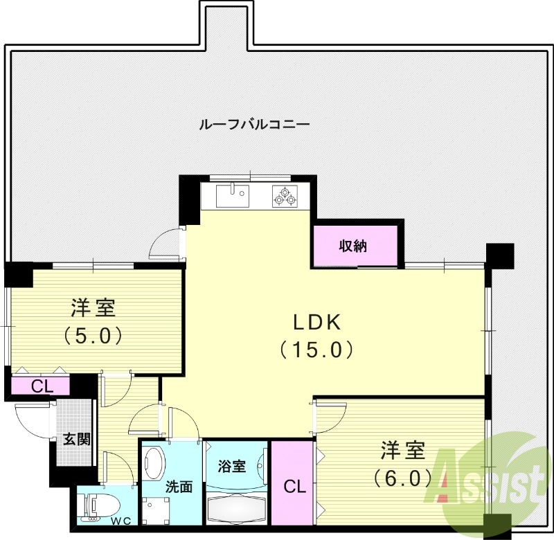 2LDK（57.78平米）追い炊き・システムキッチン