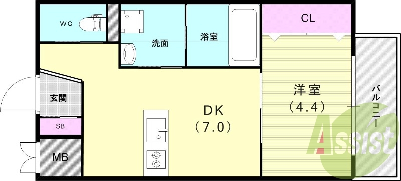 1DK(28.93平米)カウンターキッチン・浴室乾燥機