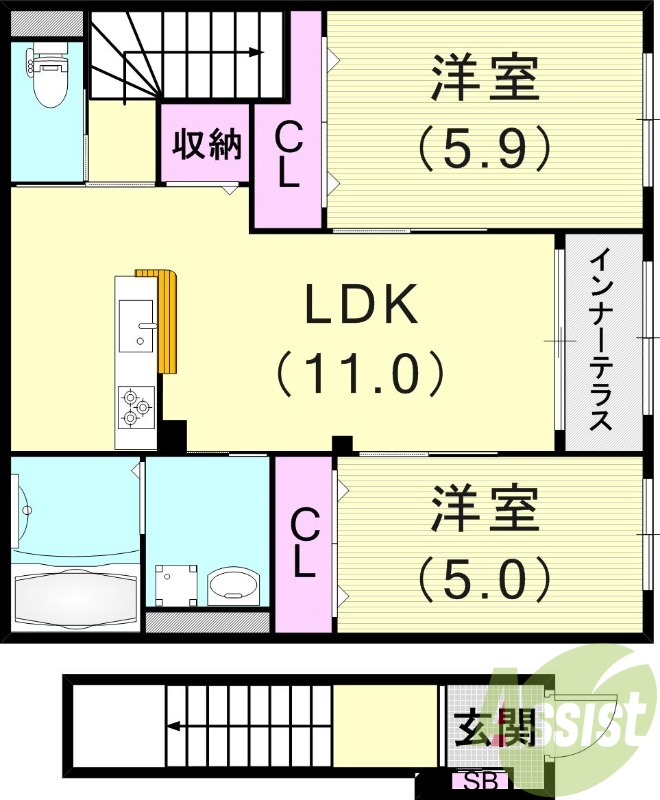 2LDK(8.54平米）カウンターキッチン・浴室乾燥機