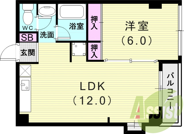 1LDK（38.8平米）室内洗濯機置き場・独立洗面台・収納
