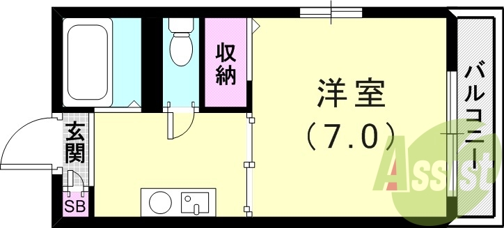 1K（24.18平米）室内洗濯機置場・風呂トイレ別・エアコン