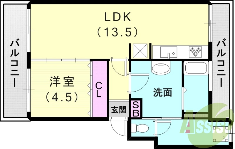 1LDK(47.1平米)システムキッチン・2面バルコニー