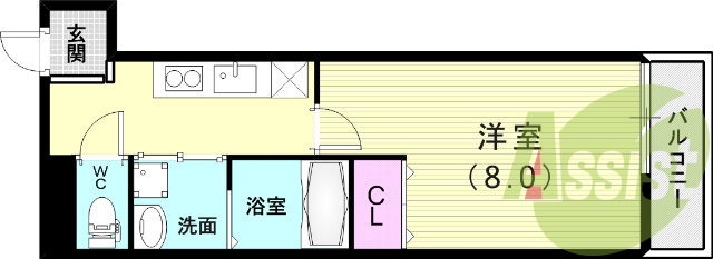 1K（２８.１平米）IH2口・収納・無料Wi-Fi・収納