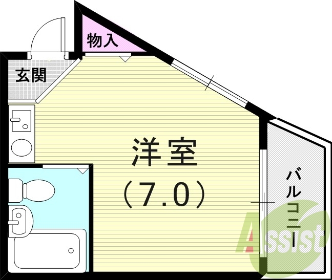 １R（15.38平米）３点ユニット・角部屋