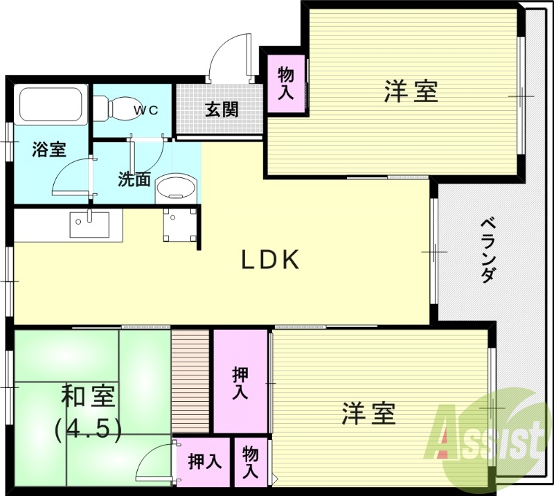 3LDK（56.56平米）和室コーナー・南面バルコニー