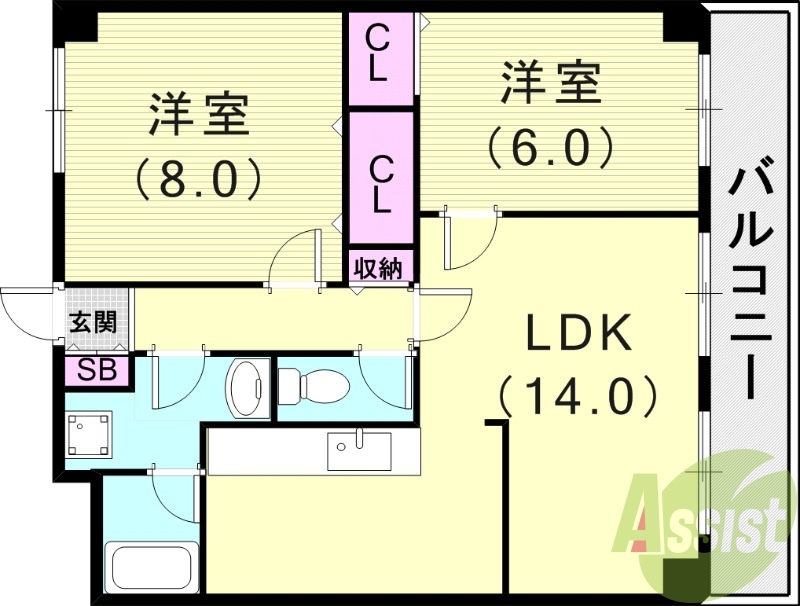 2LDK(58.03平米）室内洗濯機置場・角部屋・バルコニー