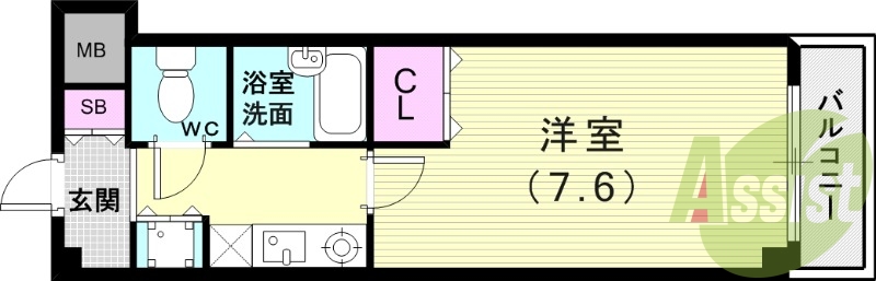 １Ｋ（22.39平米）室内洗濯機置き場・風呂トイレ別・角部屋