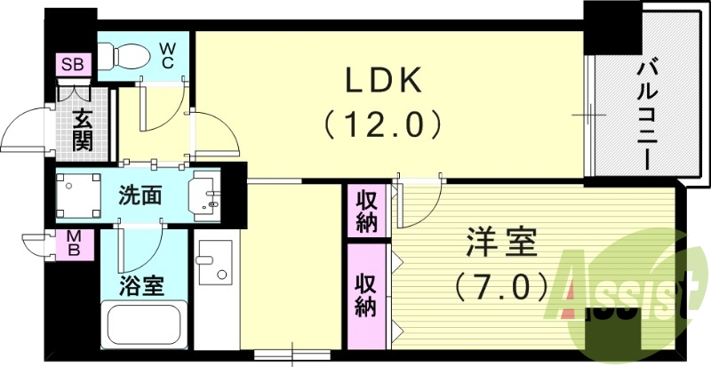 1LDK(４２.１４平米）風呂トイレ洗面台別・バルコニー