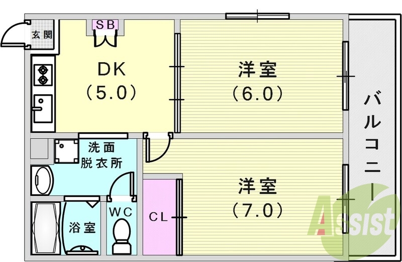 オール洋室角部屋2DKです