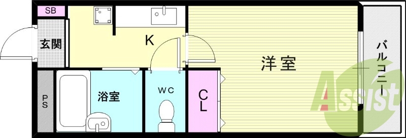 1K（22平米）エアコン・室内洗濯機置き場・南面バルコニー