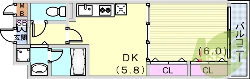 1DK（27.63平米）システムキッチン・独立洗面台・収納