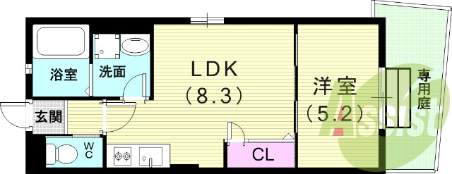 1LDK（32.6平米）システムキッチン・独立洗面台・専用庭