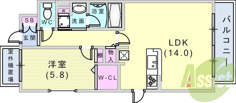 1LDK(46.92平米)カウンターキッチン・エアコン