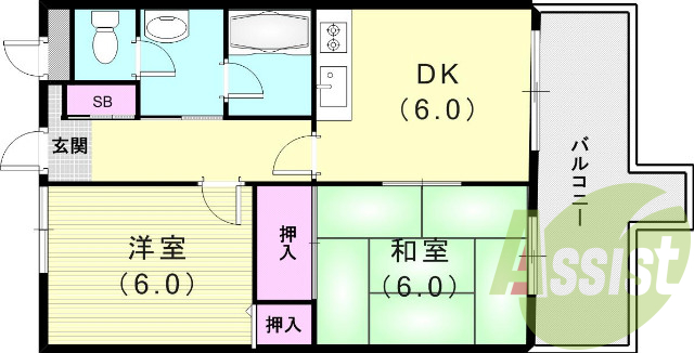 2DK(43.74平米)セパレート・室内洗濯機置場・収納