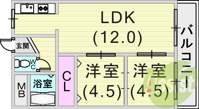 2LDK(44.72平米)ガスキッチン・クローゼット・下駄箱