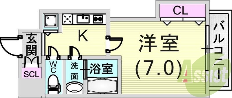 1K(24.67平米）2口ガスコンロ・浴室乾燥機・エアコン