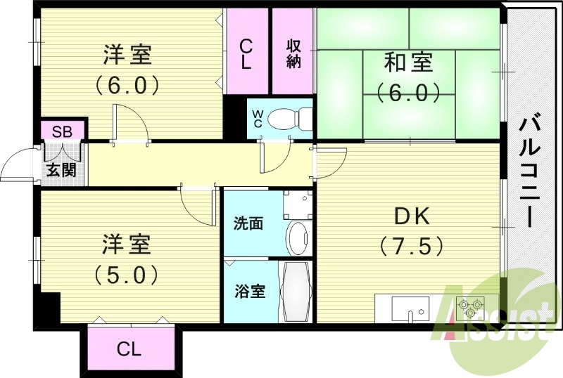 3DK（57.35平米）独立洗面台・脱衣所・バルコニー・収納