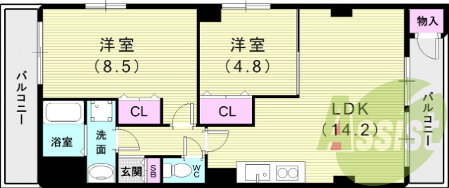 2LDK（59.4平米）室内洗濯機置き場・収納・バルコニー