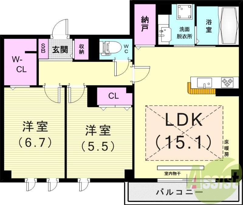 2LDK（６６.８５平米）3口ガスコンロ・エアコン・収納