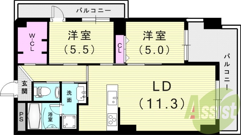 2LDK（７２平米）カウンターキッチン・クローゼット・脱衣所