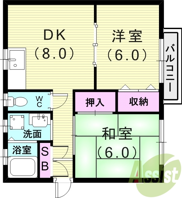 2DK（４５平米）室内洗濯機・独立洗面台