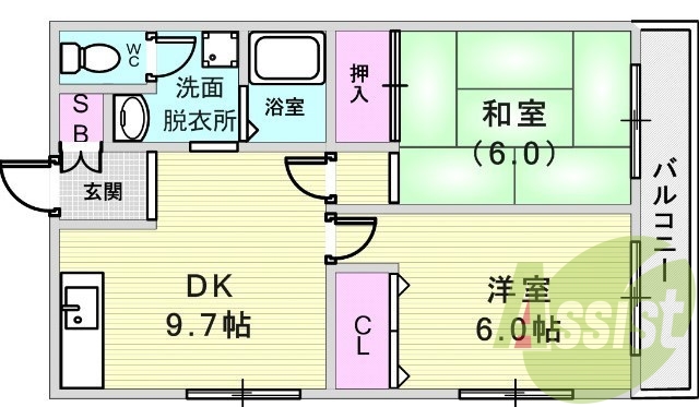 ２DK（48平米）ロフト付き、室内洗濯機置場、バストイレ別室