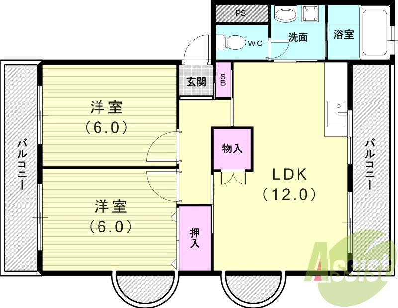 2LDK（54.9平米）モニター本・室内洗濯機置き場・角部屋