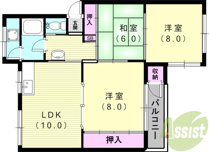 3LDK（66.89平米）独立洗面台・分譲タイプ・バルコニー