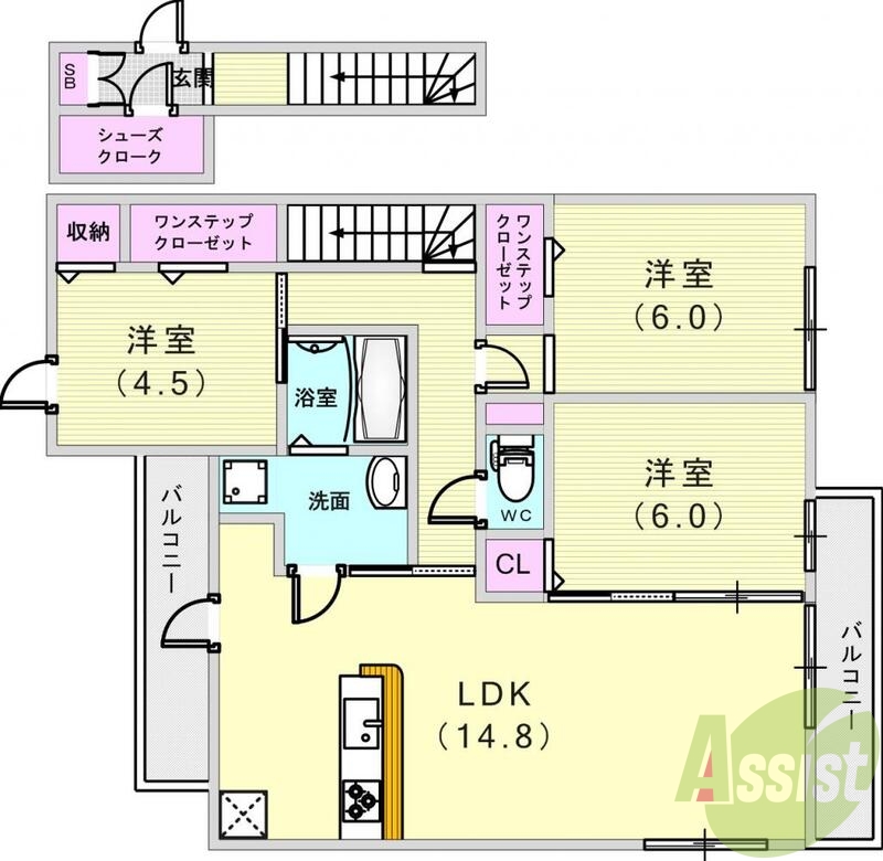 3LDK（８２.１４平米）カウンターキッチン・バルコニー