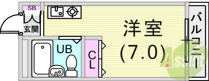 ワンルーム（１８．９５平米）エアコン・TV付きインターフォン