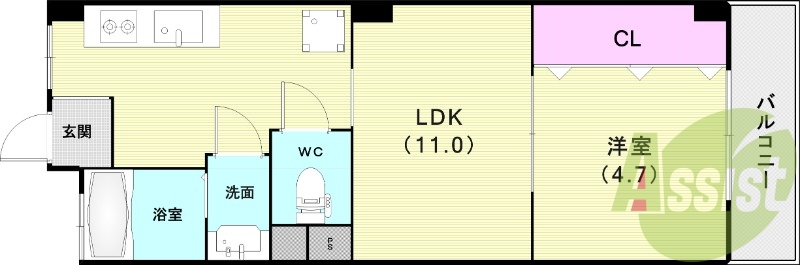 1LDK(35平米)バストイレ別・独立洗面台・バルコニー