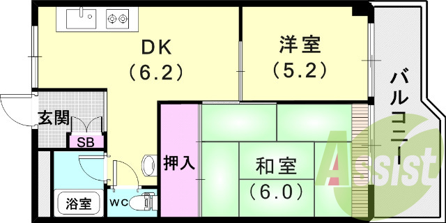 2DK(41.33平米)室内洗濯機置き場・独立洗面台・押入