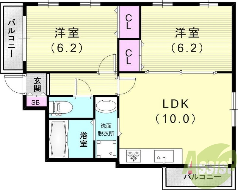 2LDK(55.7平米)システムキッチン・2面バルコニー