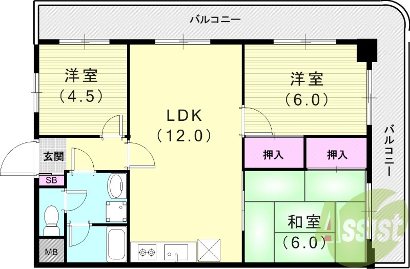 3LDK(59.0平米)システムキッチン・独立洗面台・収納