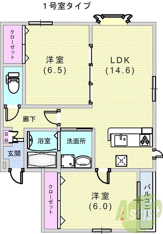 2LDK（61.69平米）カウンターキッチン・浴室乾燥機