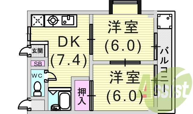 2DK（38.88平米）ガスコンロ・エアコン・温水便座・収納